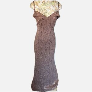 Lovely Grace Lace Sequin Gown Off Shoulder Sleeve Chocolate Brown M